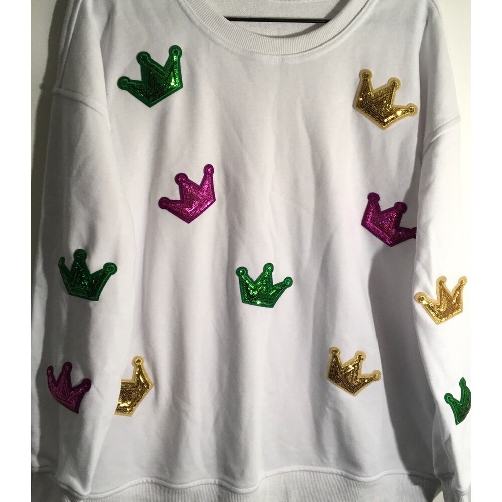 Holiday Mardi Gras Crown & Sequin Colorful Women's White Sweatshirt Size Large - Picture 3 of 4